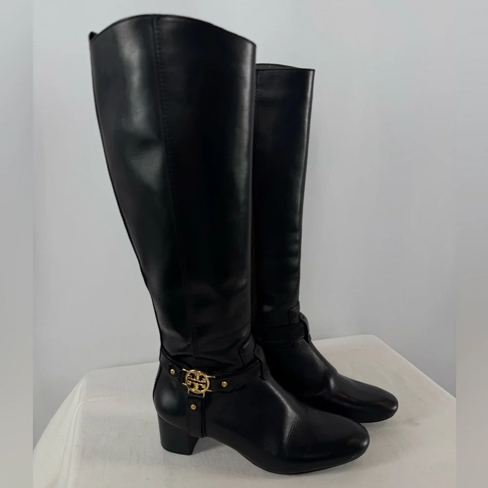 Vintage Y2K Tory Burch Leather Gold Logo Knee High Heeled Boots‎ in Black Size 7